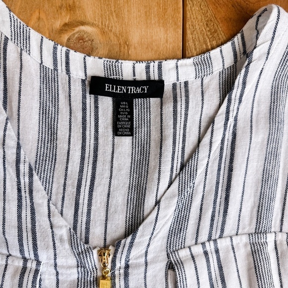 Ellen Tracy Linen Blend Top Sleeveless Stripes Gold Tassel L Blue White - Picture 3 of 7